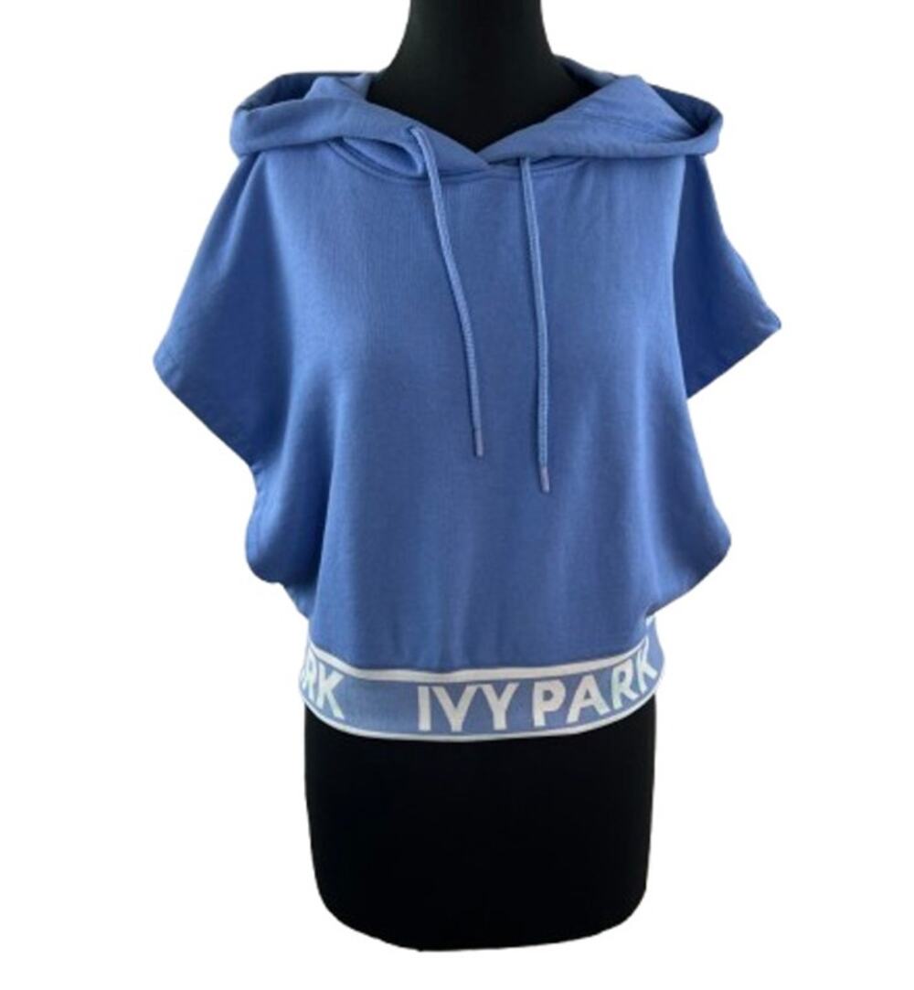 IVY PARK Blue Hoodie Ribbed Flat Knit Backless Short Sleeve Pullover Sz L Large
